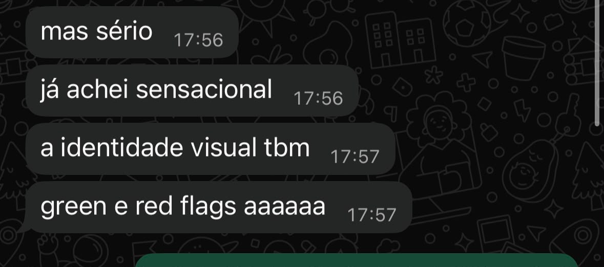 Mensagem de WhatsApp: "já achei sensacional, green e red flags aaaaaa"